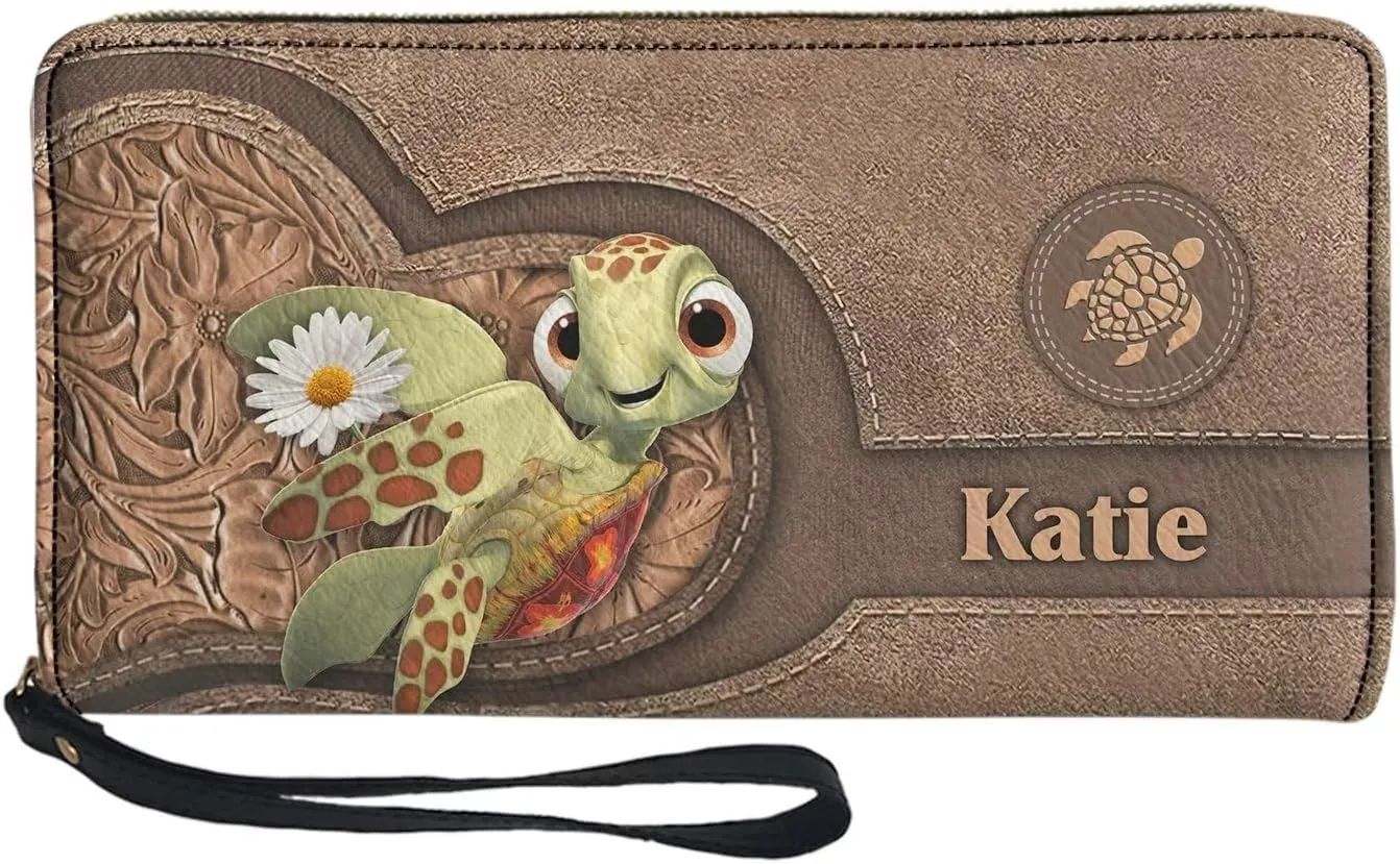 Tuoxiukan Customized Name Wallets for Women Sea Turtle Wristlet Wallets Zipper PU Leather Phone Case Water-proof Large Capacity Cash Coin Organizer Clutch Purse Christmas Gifts for Wife Girlfriend