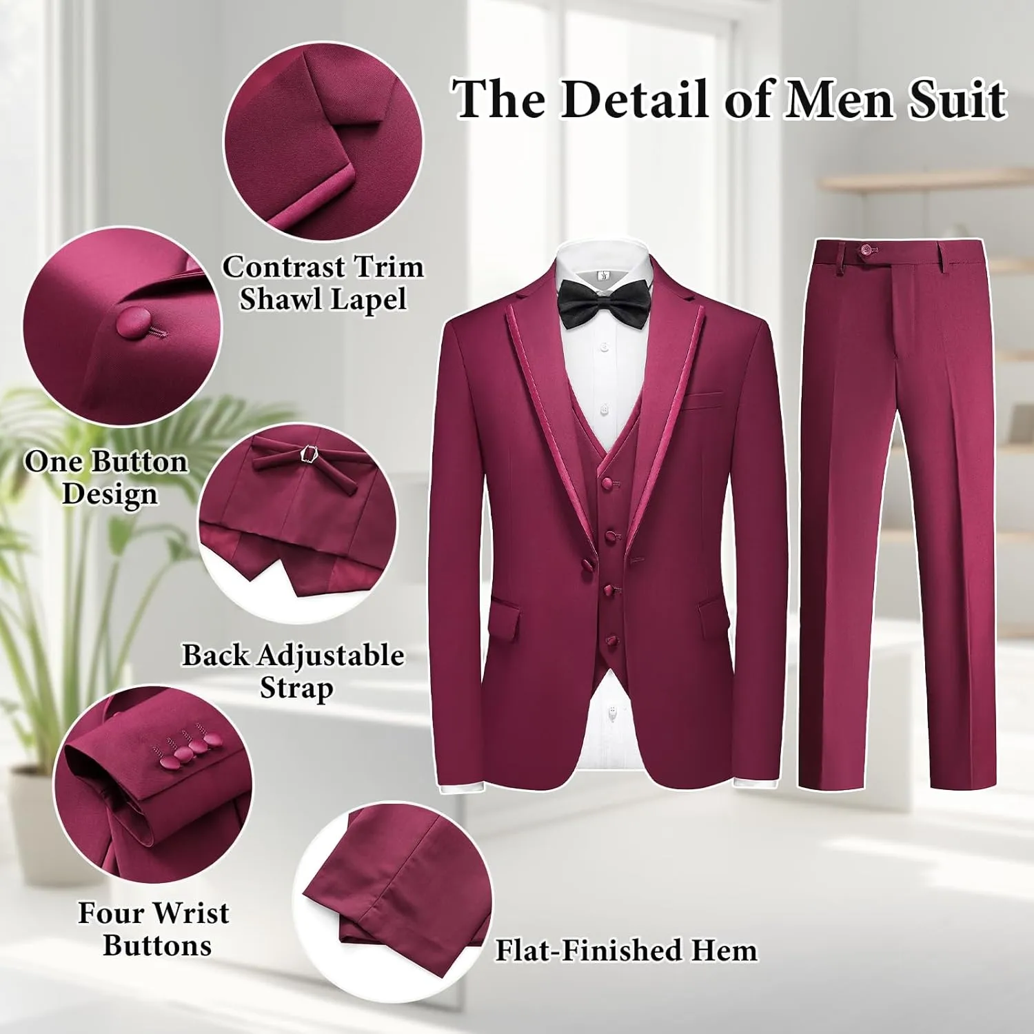 Tuxedo Suits for Men 3 Piece Regular Fit Formal Set Notch Lapel One Button Suit Jacket Pants for Wedding Casual