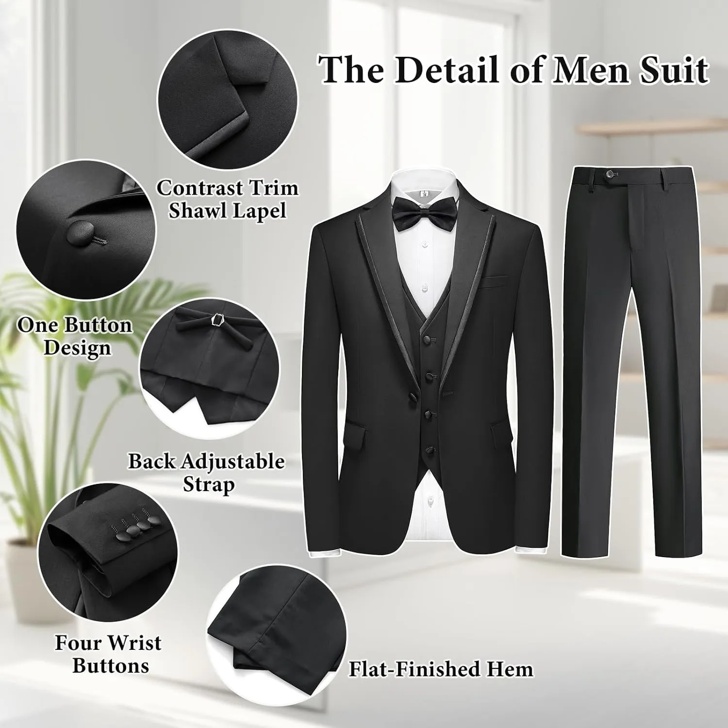 Tuxedo Suits for Men 3 Piece Regular Fit Formal Set Notch Lapel One Button Suit Jacket Pants for Wedding Casual