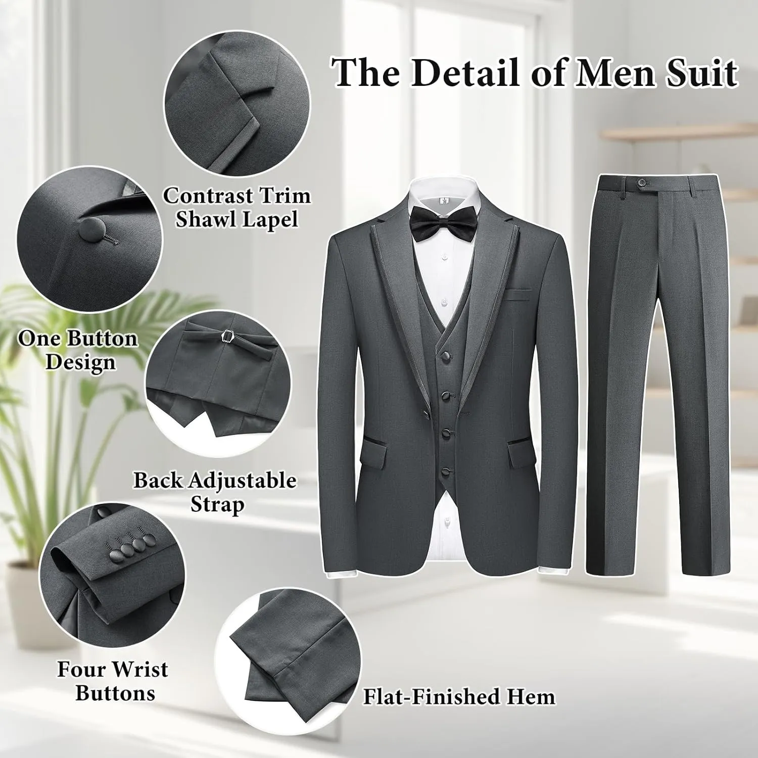 Tuxedo Suits for Men 3 Piece Regular Fit Formal Set Notch Lapel One Button Suit Jacket Pants for Wedding Casual