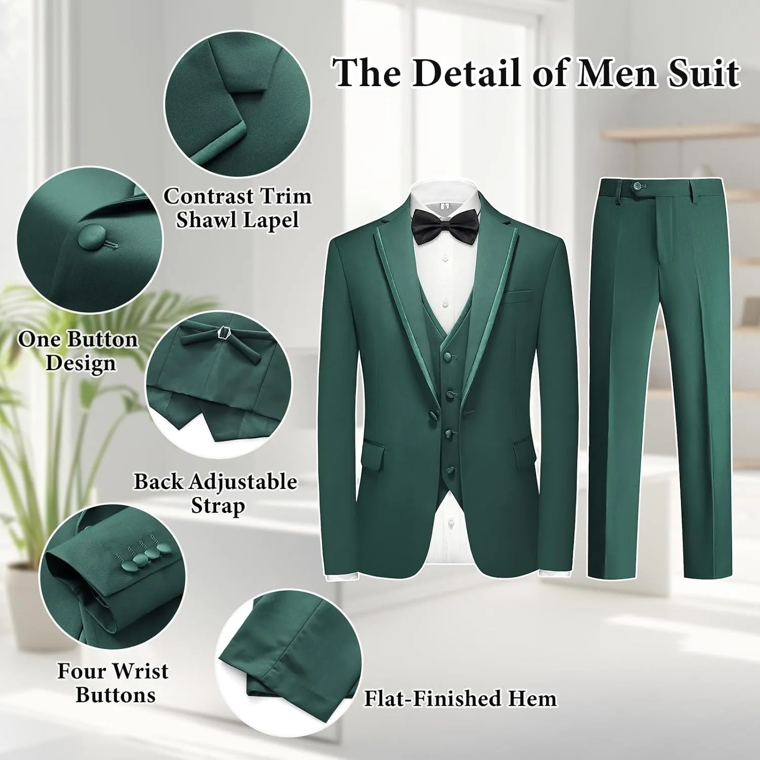 Tuxedo Suits for Men 3 Piece Regular Fit Formal Set Notch Lapel One Button Suit Jacket Pants for Wedding Casual