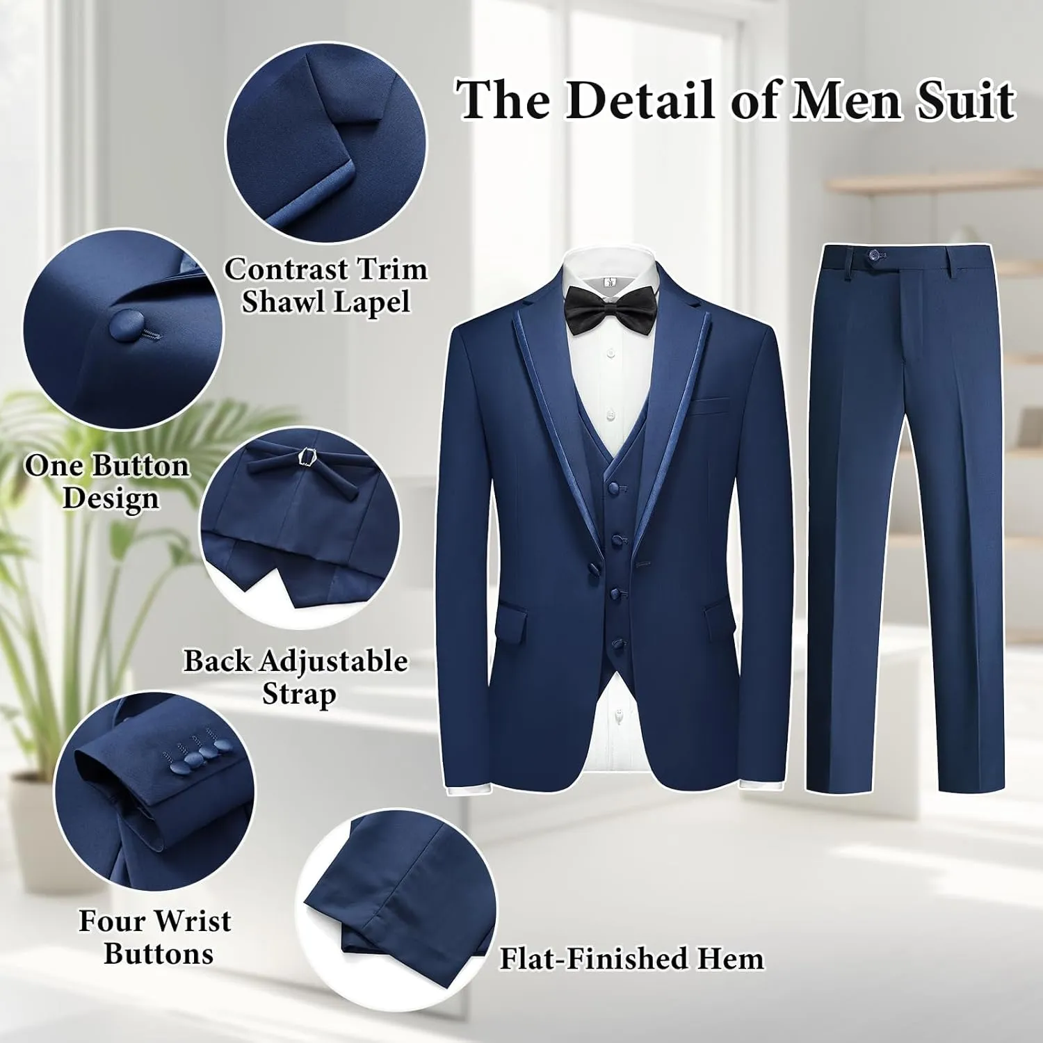 Tuxedo Suits for Men 3 Piece Regular Fit Formal Set Notch Lapel One Button Suit Jacket Pants for Wedding Casual