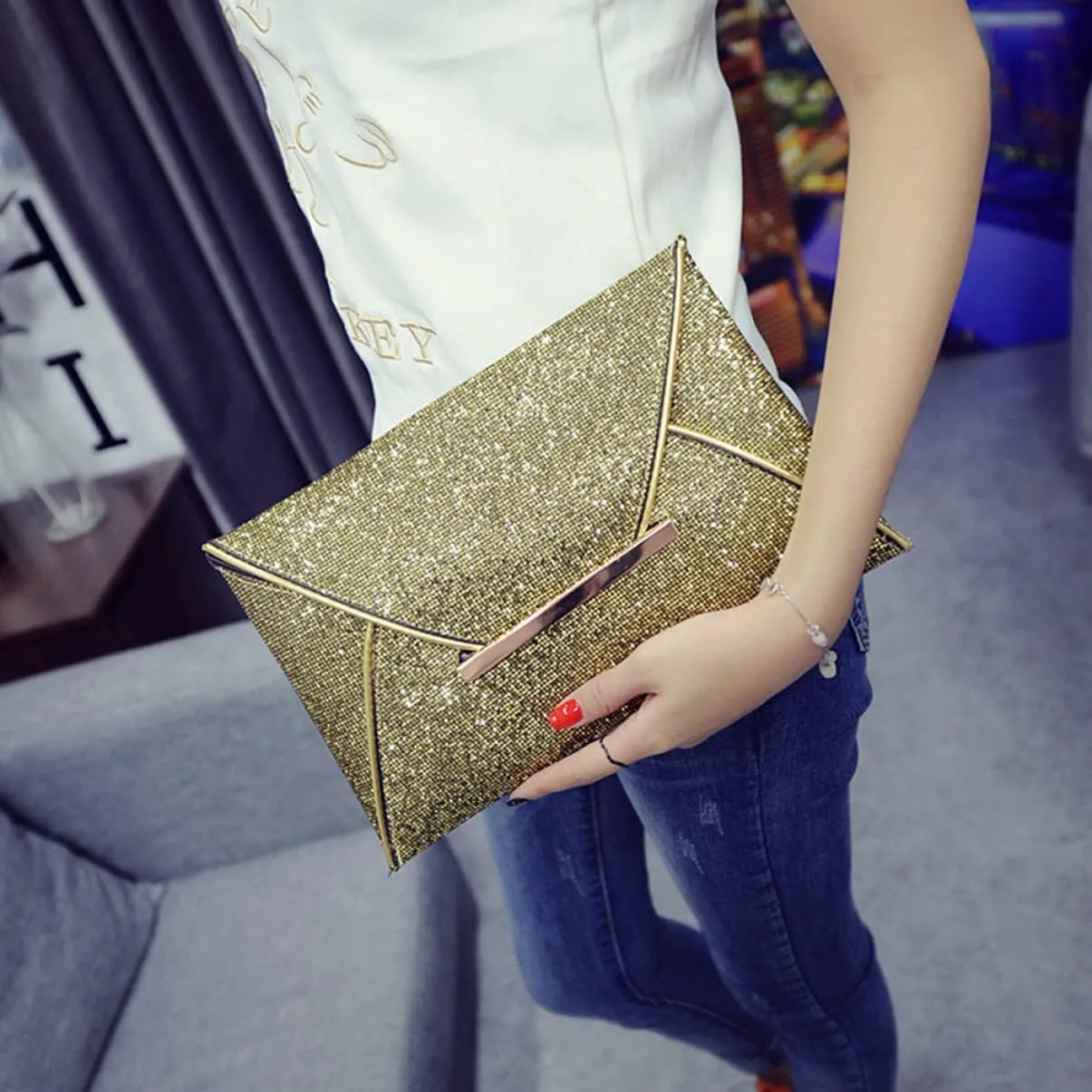 VALICLUD Handbag Party Women Evening Purse Clutch Sequins Glitter Golden Envelope Handbag Wallet
