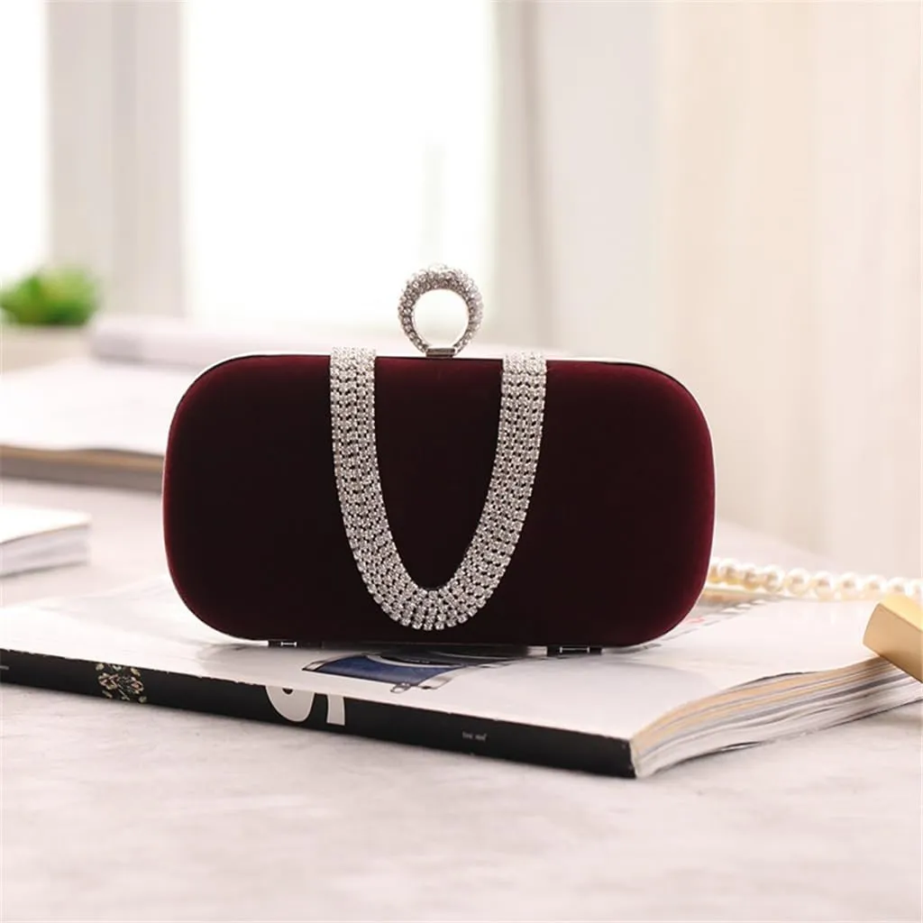 Velvet Fabric Women's Bag with Diamond Finger Dinner Party Bag U-Shaped Velvet Bag
