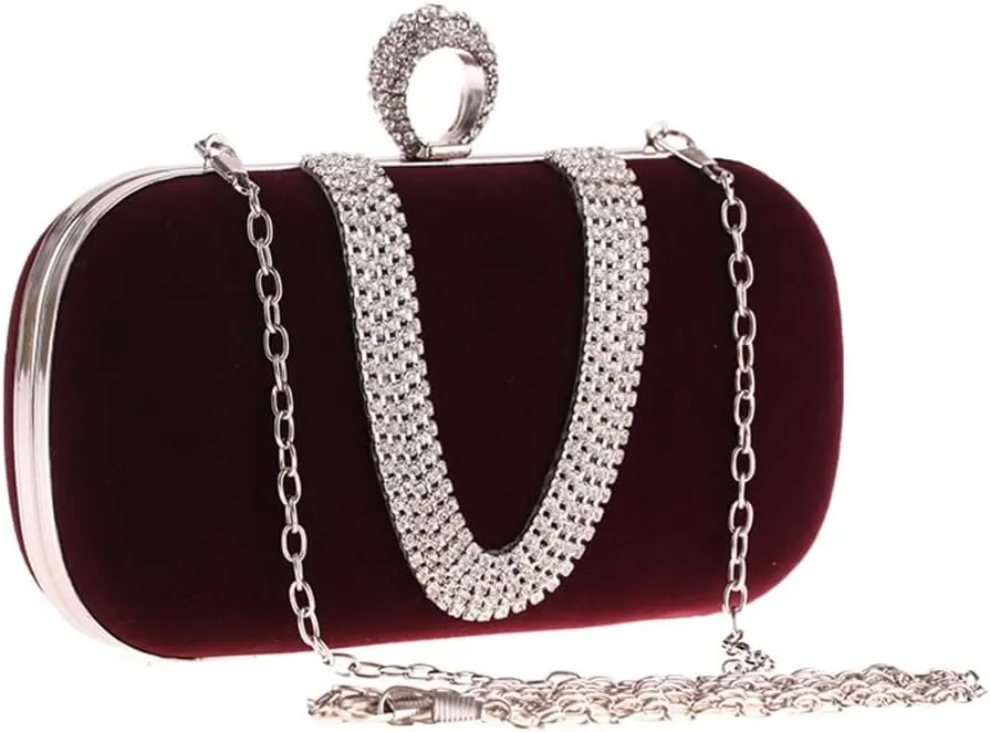 Velvet Fabric Women's Bag with Diamond Finger Dinner Party Bag U-Shaped Velvet Bag