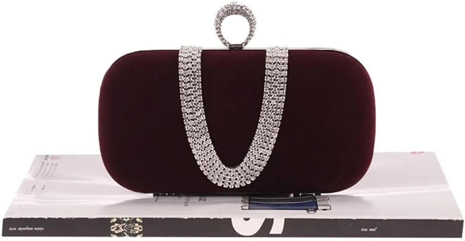 Velvet Fabric Women's Bag with Diamond Finger Dinner Party Bag U-Shaped Velvet Bag