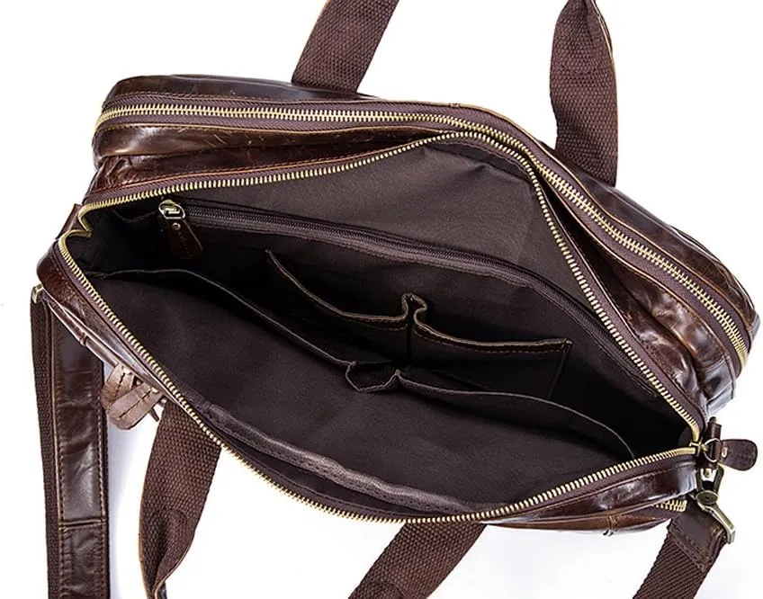 Vintage Leather Expandable 14" Laptop Business Briefcase Carryall,Brown