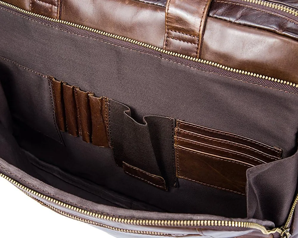 Vintage Leather Expandable 14" Laptop Business Briefcase Carryall,Brown