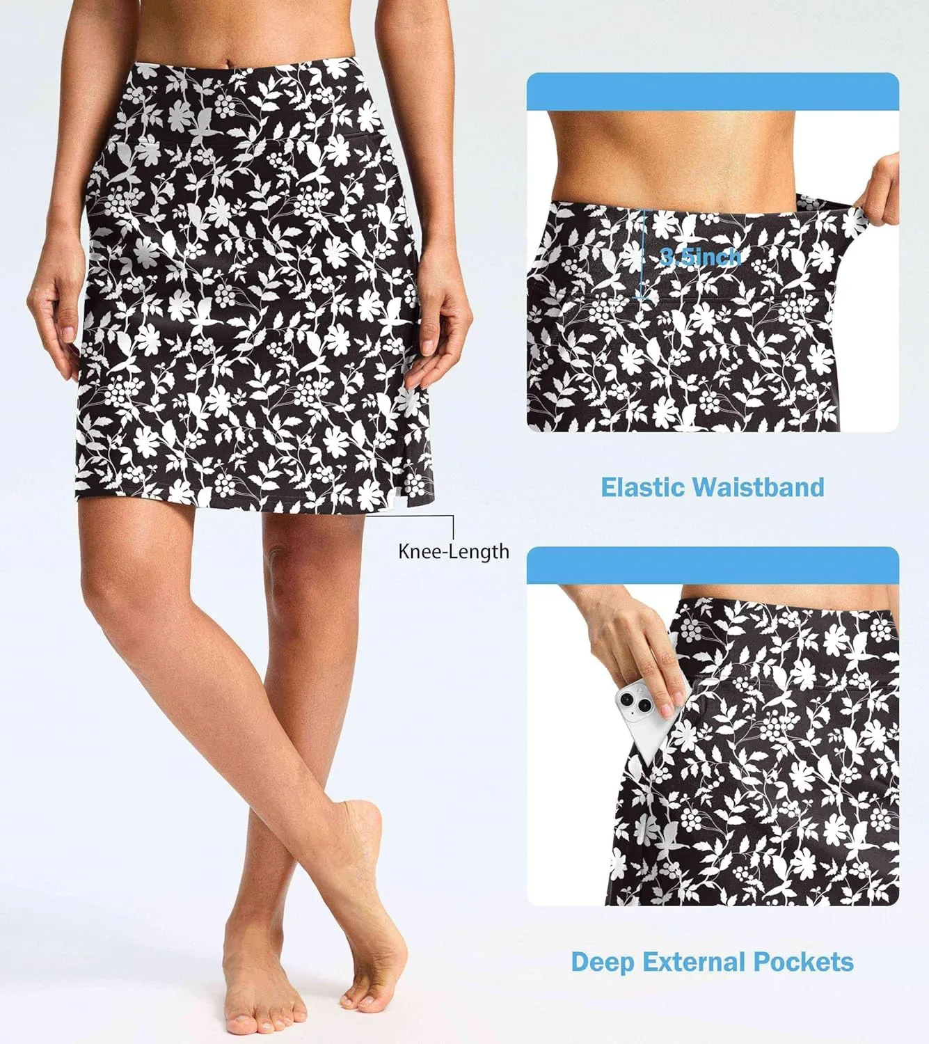 Viodia Women's 20" Long Swim Skirt Skort High Waisted Modest Bathing Suit Swimsuit Bottoms Beach Tankini Bikini with Skirt