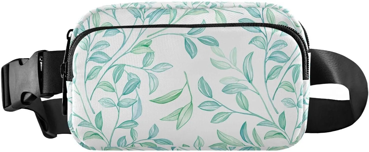 Watercolor Leaf Branch Teal Fanny Packs for Women Girl Crossbody Bags Everywhere Belt Bag with Adjustable Strap Fashion Waist Pack for Travel Running Workout