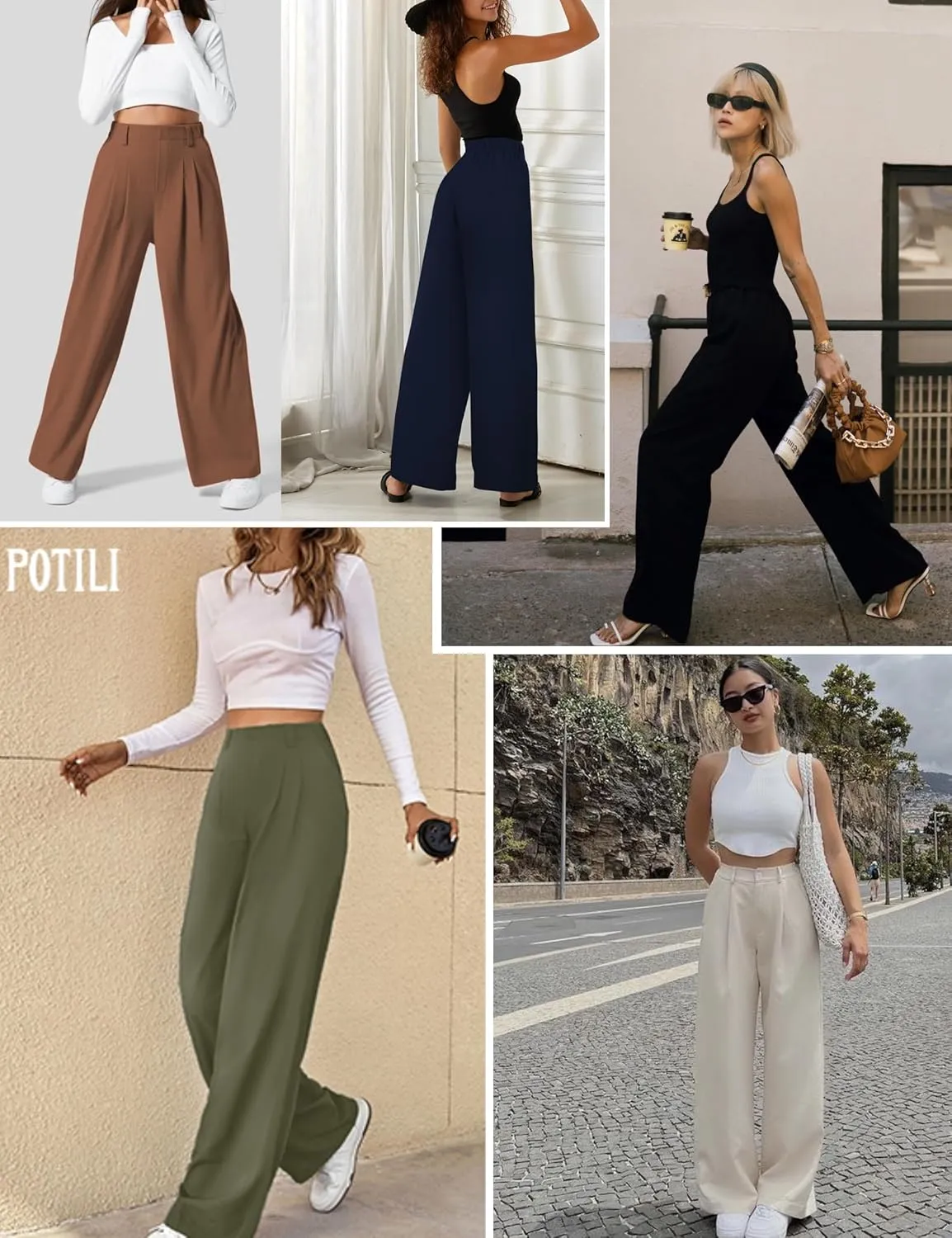 Wide Leg Pants for Women Elastic High Waisted Palazzo Pants Straight Leg Flowy Casual Work Trousers with Pockets
