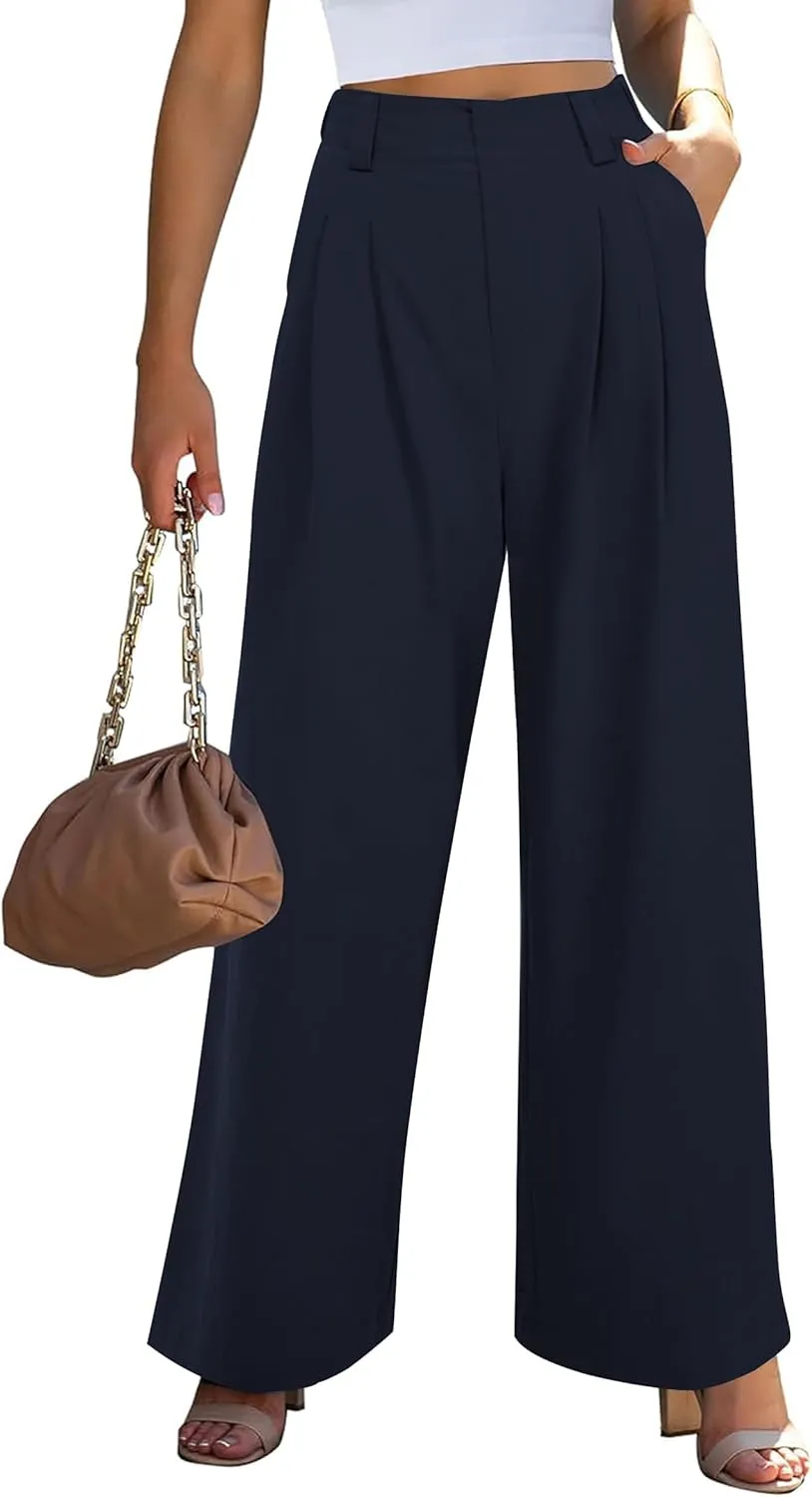 Wide Leg Pants for Women Elastic High Waisted Palazzo Pants Straight Leg Flowy Casual Work Trousers with Pockets