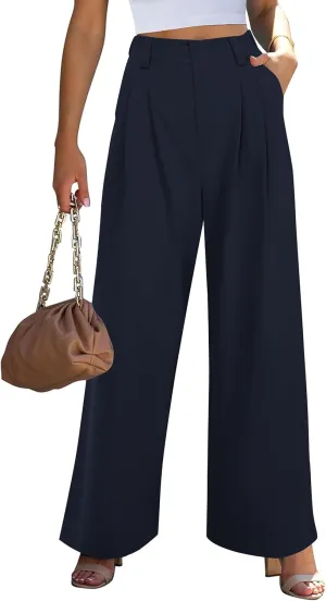 Wide Leg Pants for Women Elastic High Waisted Palazzo Pants Straight Leg Flowy Casual Work Trousers with Pockets