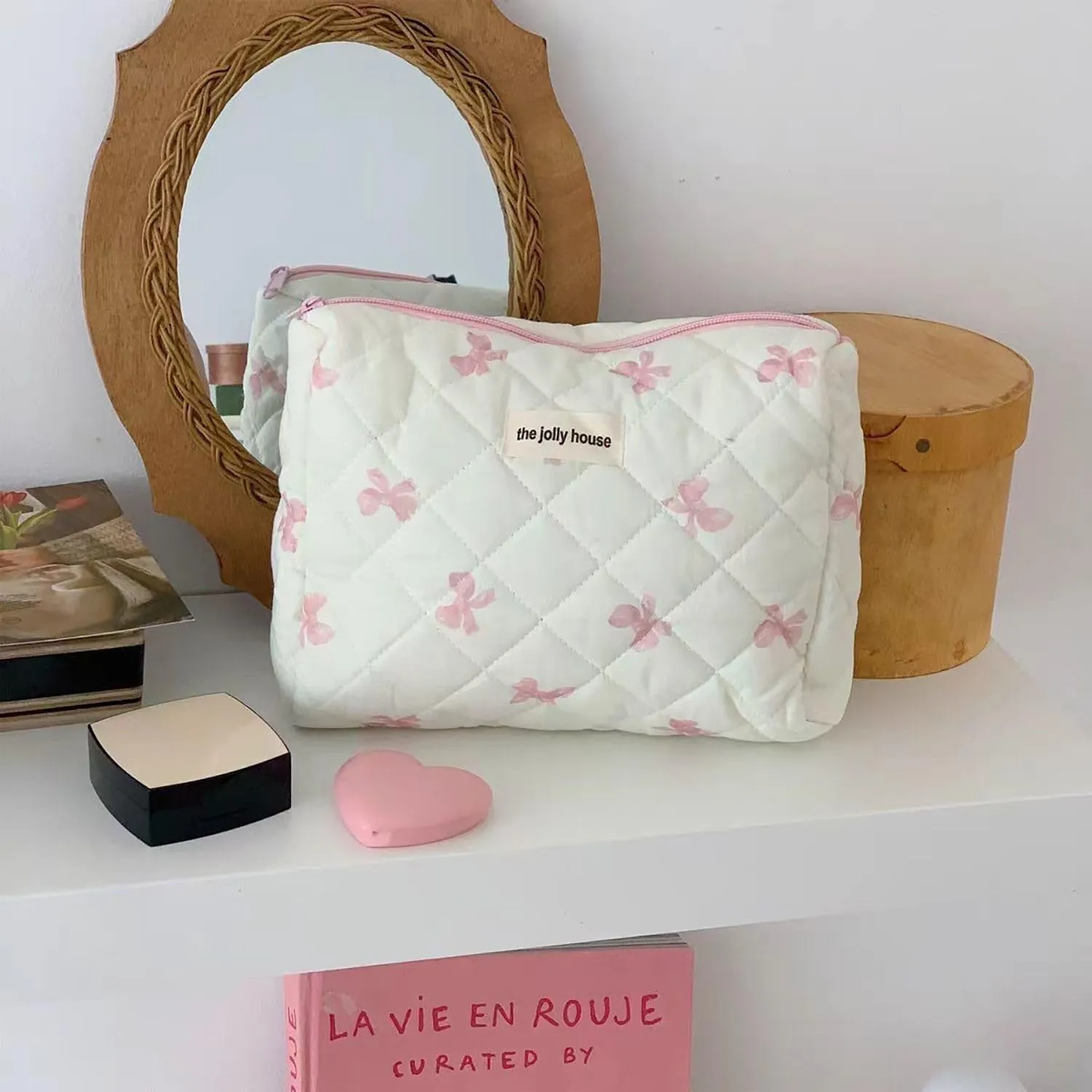 Women Coquette Bow Makeup Bag Cute Aesthetic Quilted Floral Makeup Bag for Women Preppy Pouch Toiletry Organizer Bag (Small,Blue)