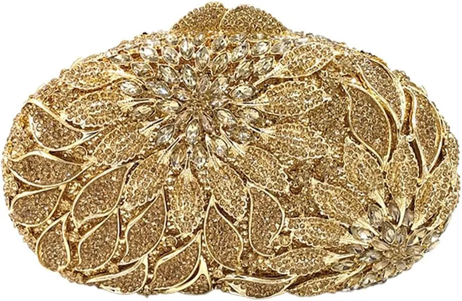 Women Floral Rhinestone Clutch Purse Elegant Leaves Crystal Evening Bag Handbag for Engagement Wedding Anniversary