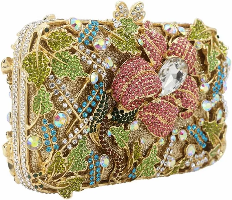 Women Gorgeous Floral Diamond Evening Bag Flower Rhinestone Handbags Shining Clutch Purses for Cocktail Party Prom