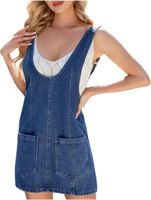 Women Jeans Mini Dresses Summer Holiday Fashion Sleeveless Loose Comfy Denim Dress Beach Casual Pocket Sundress