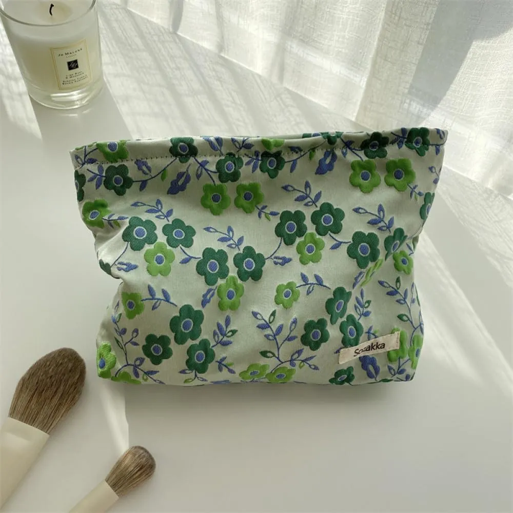 Women Makeup Bag -Floral Cosmetic Bag and Cosmetic Brush Bag Set of Two,Fashion Cosmetic Organizer,Sister Gift,Large Capacity Travel Toiletry Bag(Green Flower)