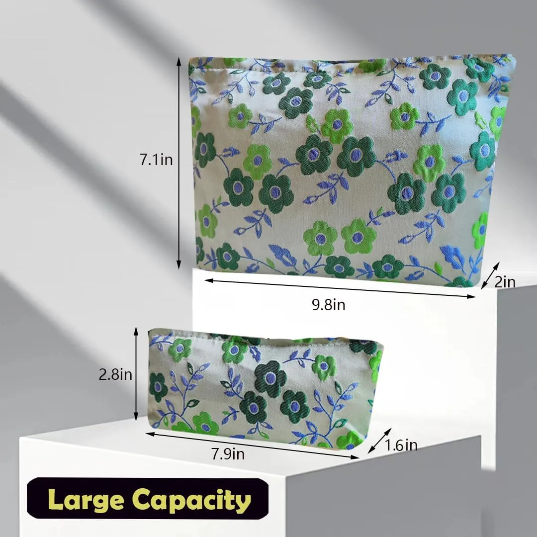Women Makeup Bag -Floral Cosmetic Bag and Cosmetic Brush Bag Set of Two,Fashion Cosmetic Organizer,Sister Gift,Large Capacity Travel Toiletry Bag(Green Flower)