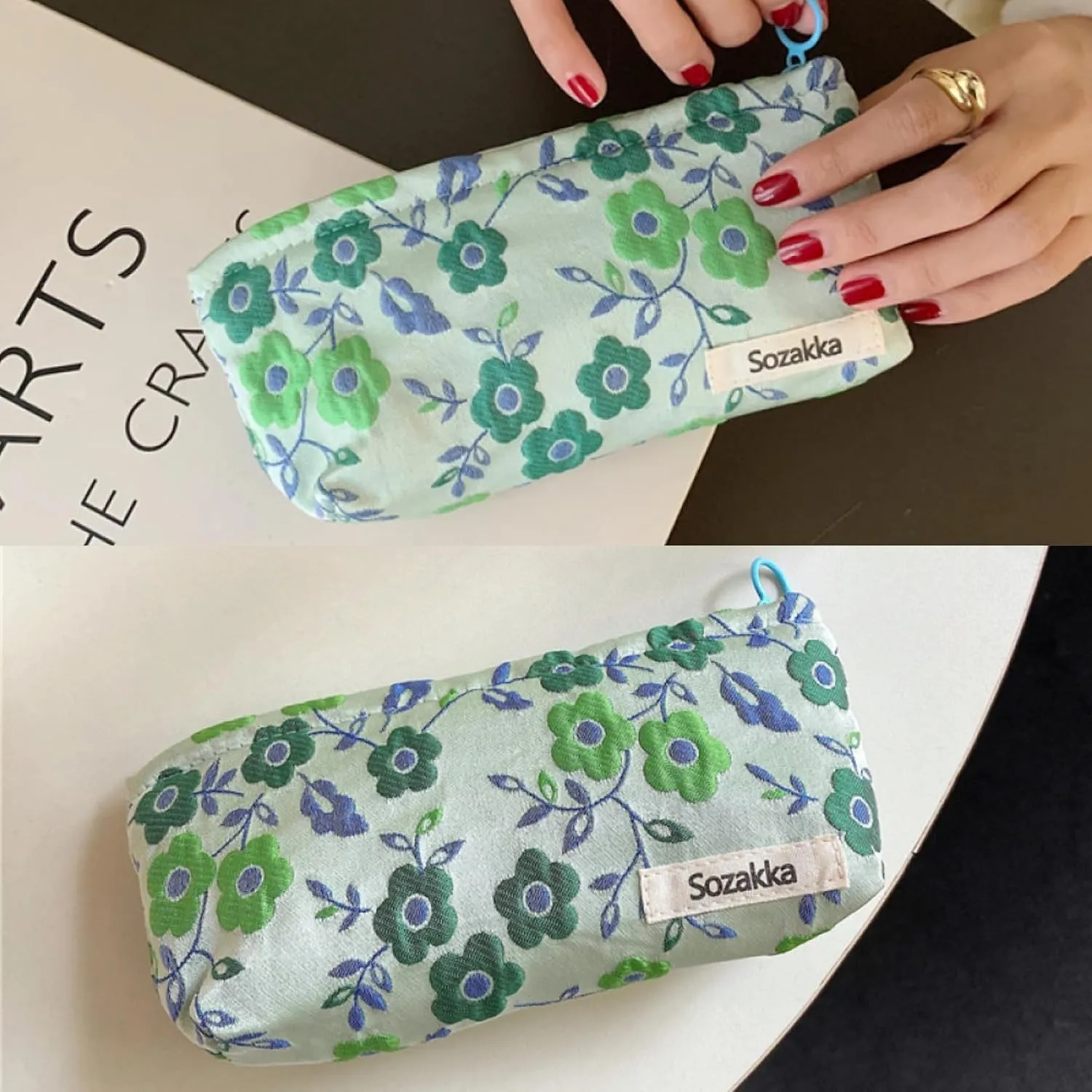 Women Makeup Bag -Floral Cosmetic Bag and Cosmetic Brush Bag Set of Two,Fashion Cosmetic Organizer,Sister Gift,Large Capacity Travel Toiletry Bag(Green Flower)