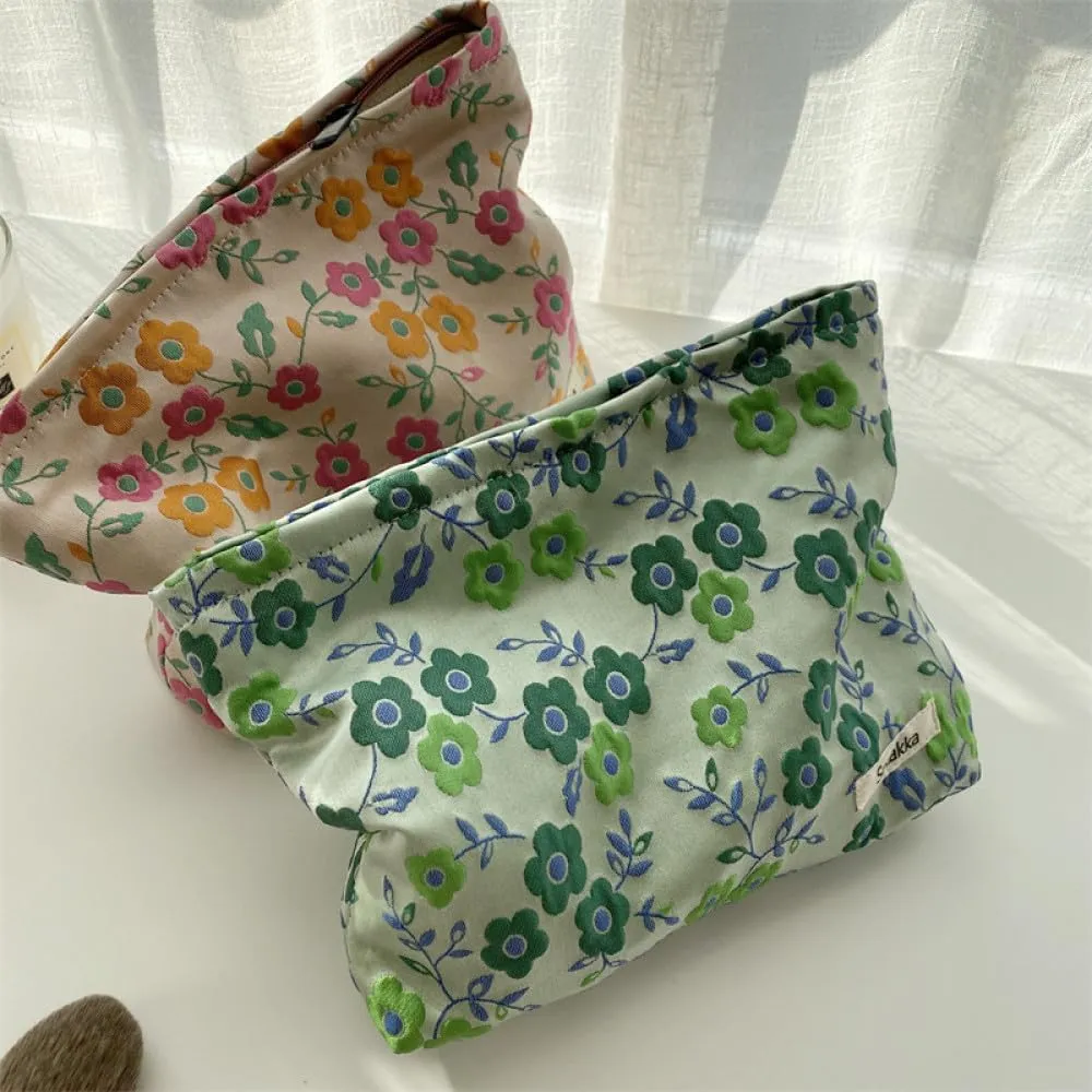 Women Makeup Bag -Floral Cosmetic Bag and Cosmetic Brush Bag Set of Two,Fashion Cosmetic Organizer,Sister Gift,Large Capacity Travel Toiletry Bag(Green Flower)
