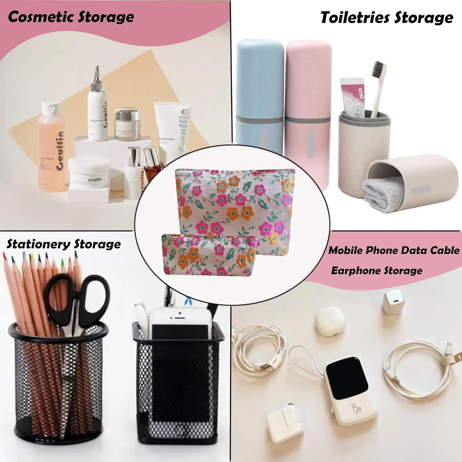 Women Makeup Bag -Floral Cosmetic Bag and Cosmetic Brush Bag Set of Two,Fashion Cosmetic Organizer,Sister Gift,Large Capacity Travel Toiletry Bag(Pink Flower)
