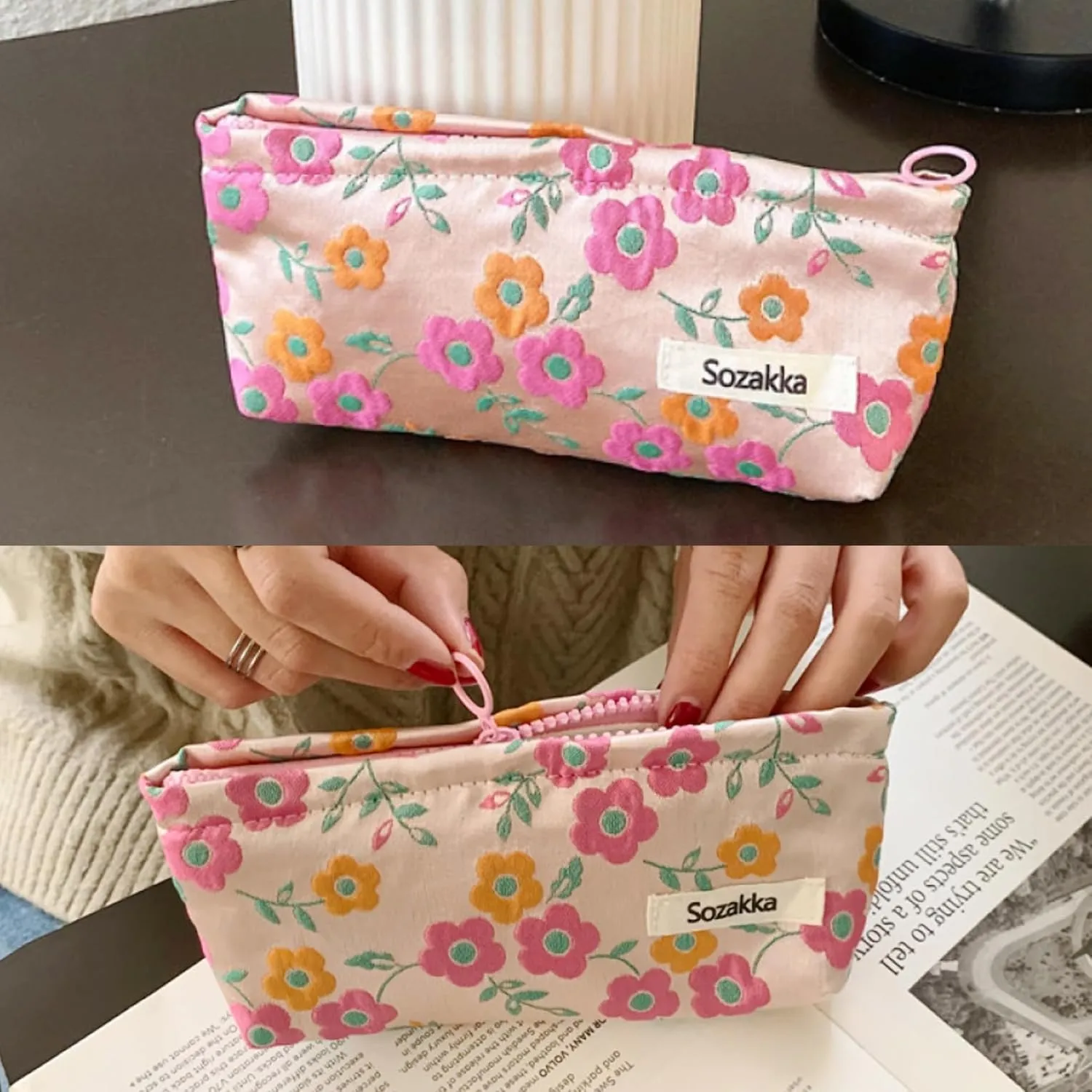 Women Makeup Bag -Floral Cosmetic Bag and Cosmetic Brush Bag Set of Two,Fashion Cosmetic Organizer,Sister Gift,Large Capacity Travel Toiletry Bag(Pink Flower)