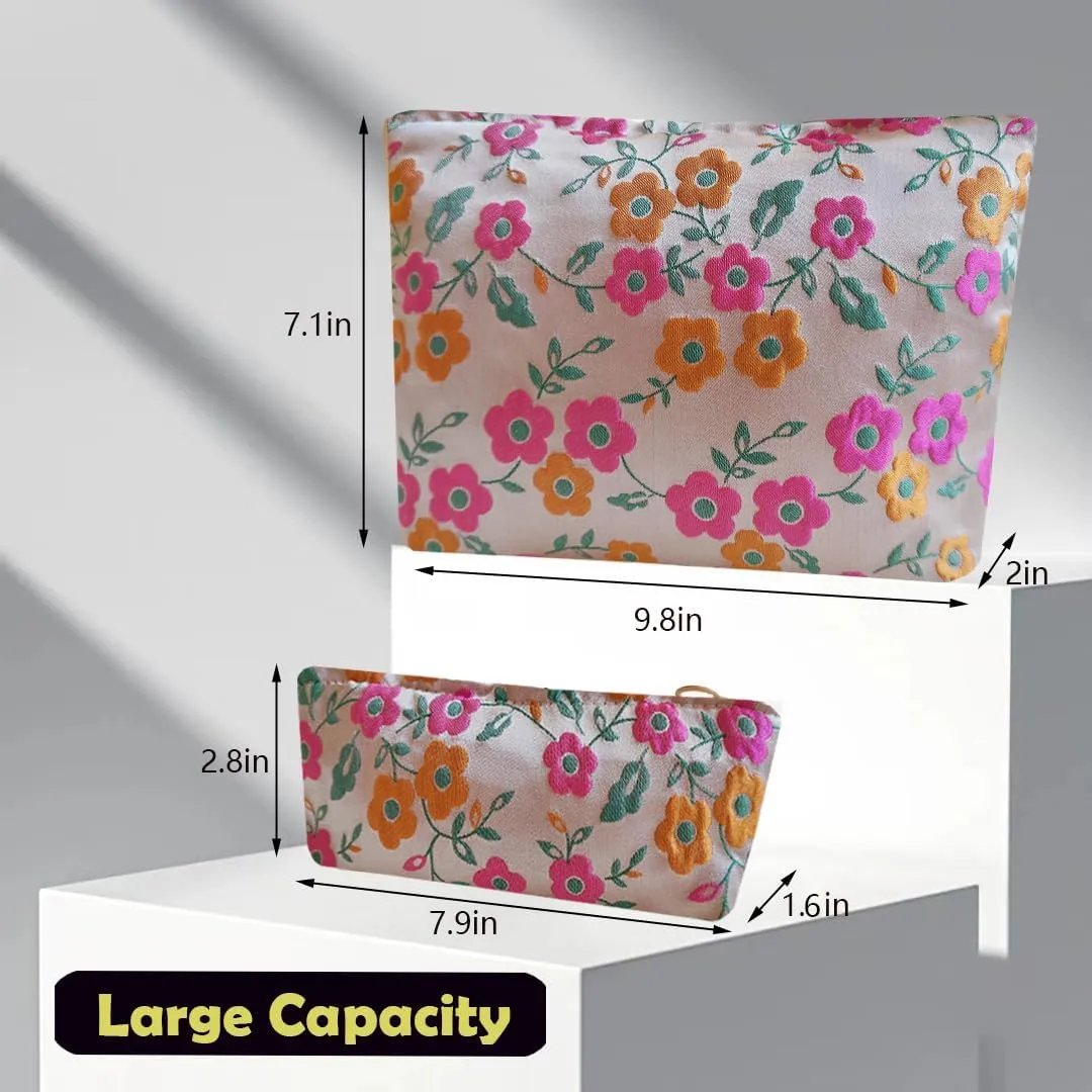 Women Makeup Bag -Floral Cosmetic Bag and Cosmetic Brush Bag Set of Two,Fashion Cosmetic Organizer,Sister Gift,Large Capacity Travel Toiletry Bag(Pink Flower)