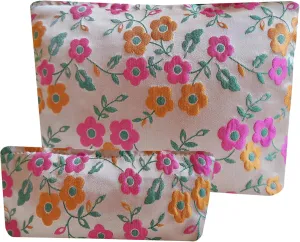 Women Makeup Bag -Floral Cosmetic Bag and Cosmetic Brush Bag Set of Two,Fashion Cosmetic Organizer,Sister Gift,Large Capacity Travel Toiletry Bag(Pink Flower)