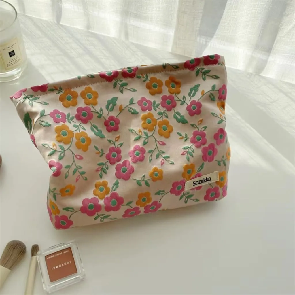 Women Makeup Bag -Floral Cosmetic Bag and Cosmetic Brush Bag Set of Two,Fashion Cosmetic Organizer,Sister Gift,Large Capacity Travel Toiletry Bag(Pink Flower)