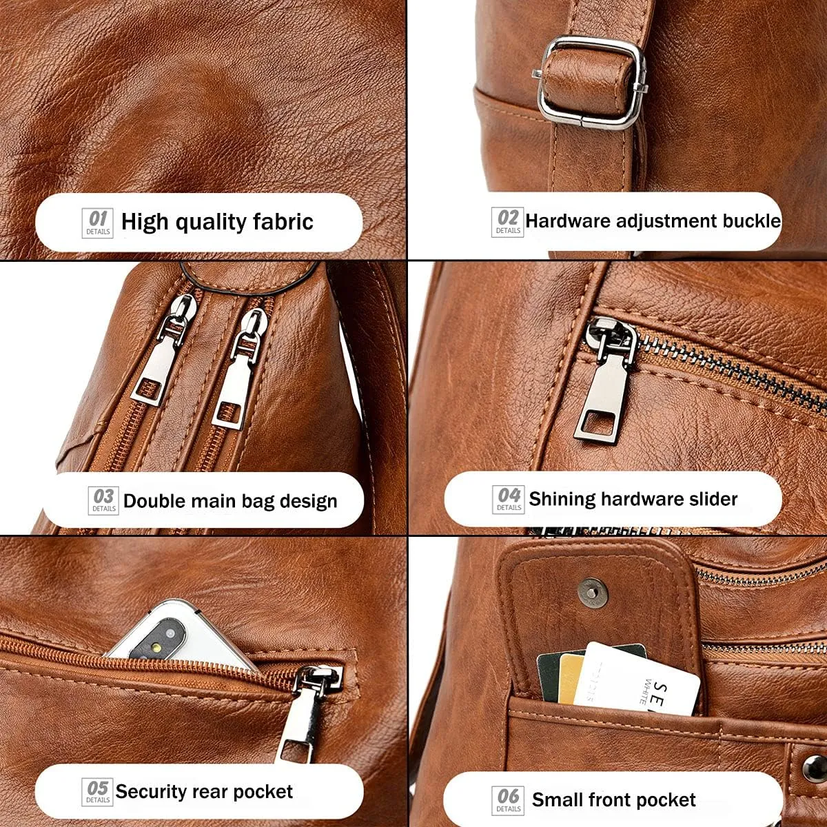 Women Multifunctional PU Leather Handbag Purses Shoulder Hobo Backpack Crossbody Zipper Bag
