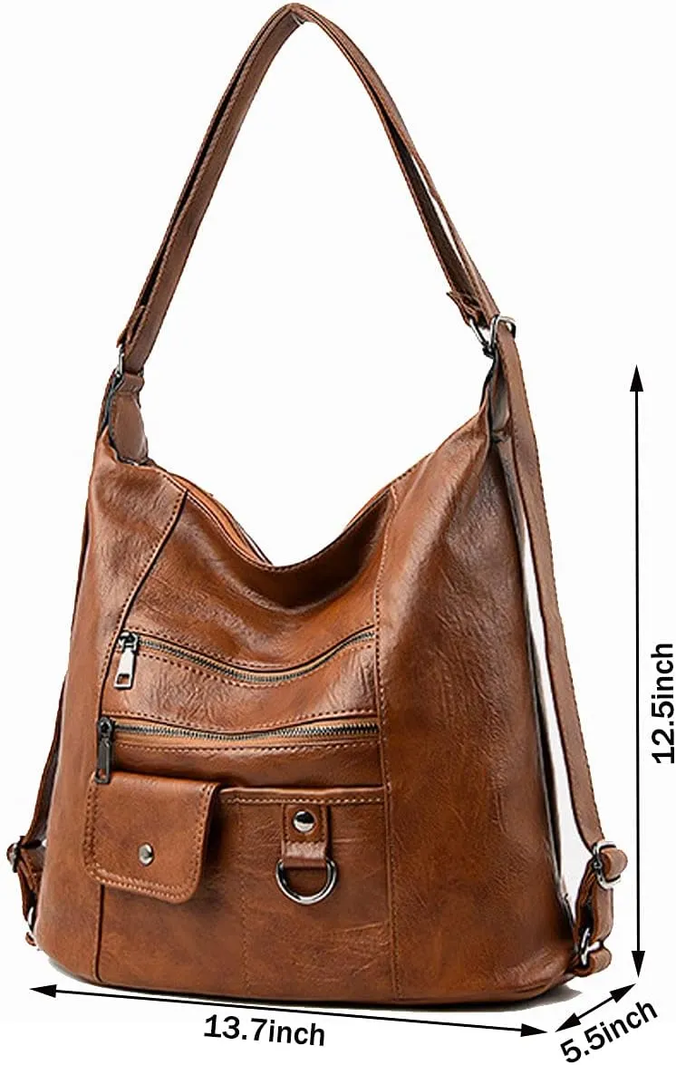 Women Multifunctional PU Leather Handbag Purses Shoulder Hobo Backpack Crossbody Zipper Bag