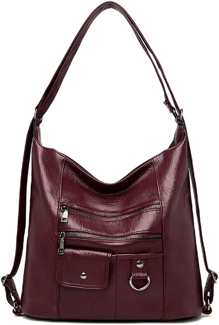 Women Multifunctional PU Leather Handbag Purses Shoulder Hobo Backpack Crossbody Zipper Bag