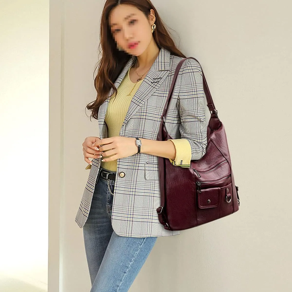 Women Multifunctional PU Leather Handbag Purses Shoulder Hobo Backpack Crossbody Zipper Bag
