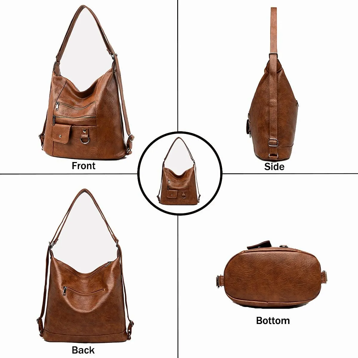 Women Multifunctional PU Leather Handbag Purses Shoulder Hobo Backpack Crossbody Zipper Bag