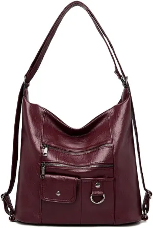 Women Multifunctional PU Leather Handbag Purses Shoulder Hobo Backpack Crossbody Zipper Bag