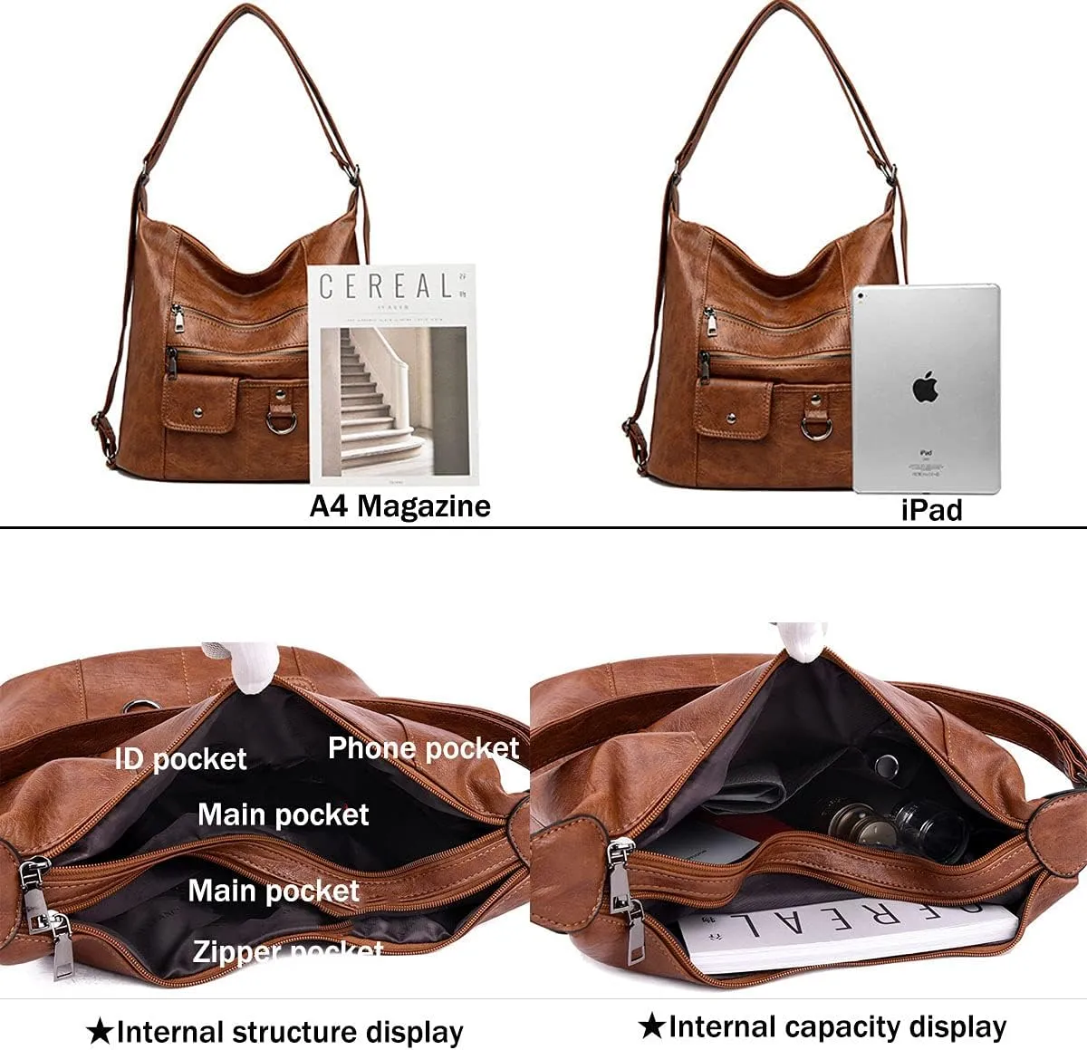 Women Multifunctional PU Leather Handbag Purses Shoulder Hobo Backpack Crossbody Zipper Bag