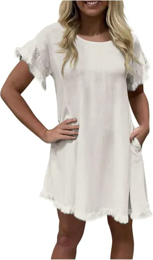 Women Summer Dress Plus Size Round Neck Ruffle Short Sleeve Modest Frayed Dresses Casual Fashion Loose Mini Dress