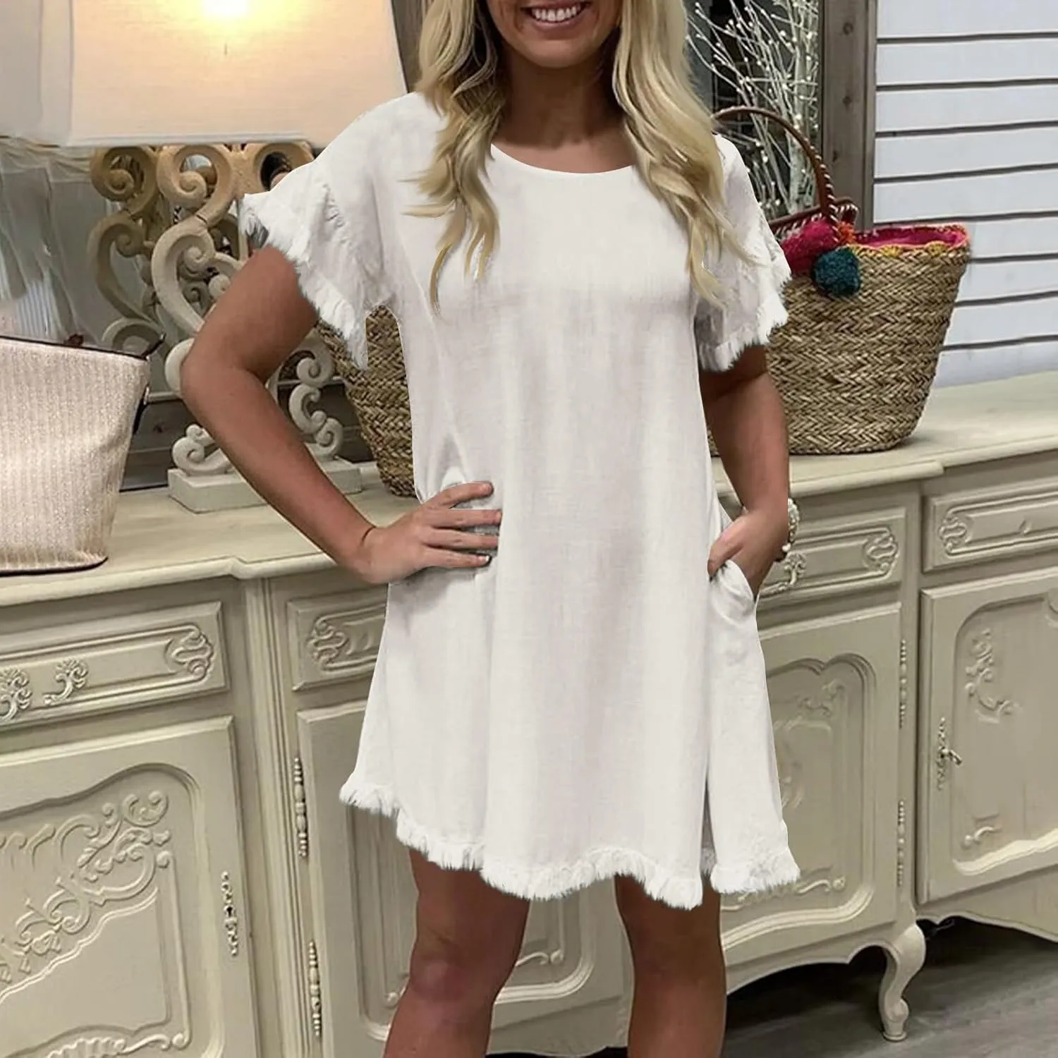 Women Summer Dress Plus Size Round Neck Ruffle Short Sleeve Modest Frayed Dresses Casual Fashion Loose Mini Dress