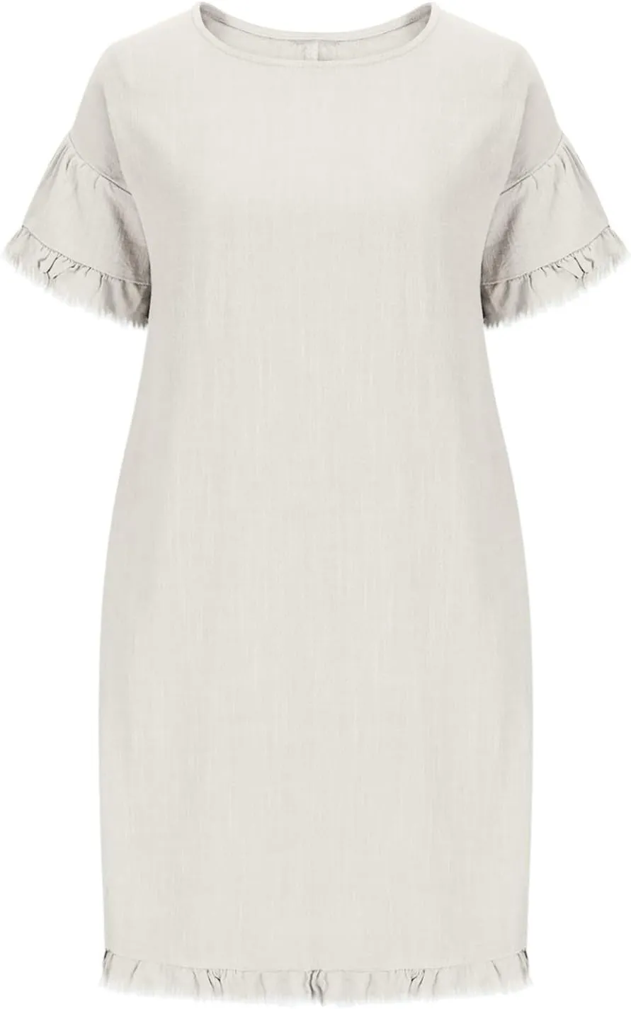 Women Summer Dress Plus Size Round Neck Ruffle Short Sleeve Modest Frayed Dresses Casual Fashion Loose Mini Dress