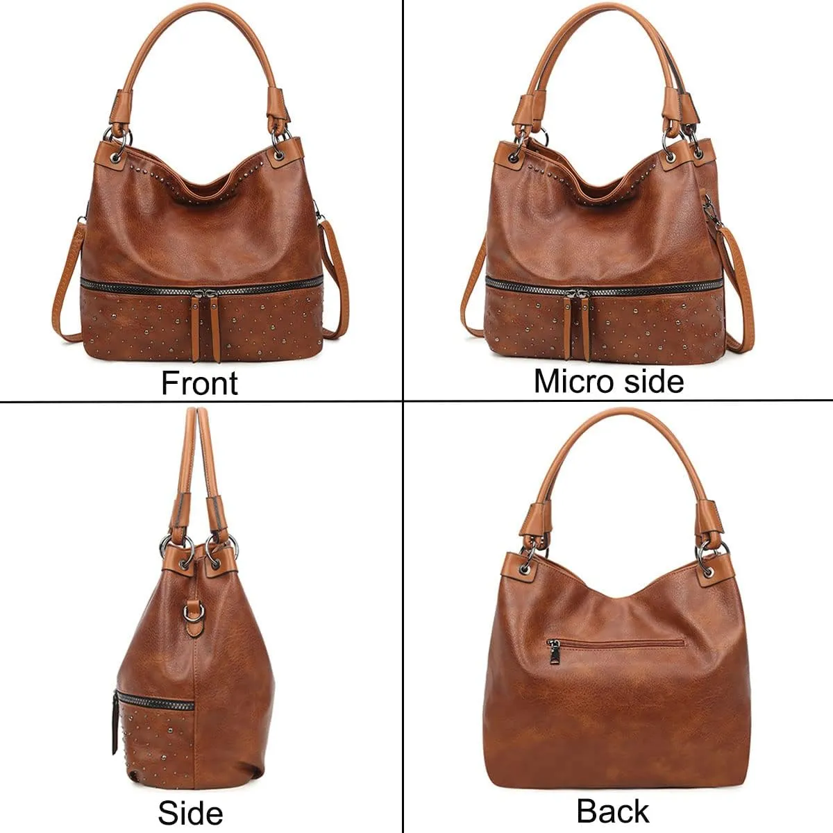 Women Tote Bag Rivets Handbags PU Leather Fashion Hobo Shoulder Bags with Adjustable Shoulder Strap