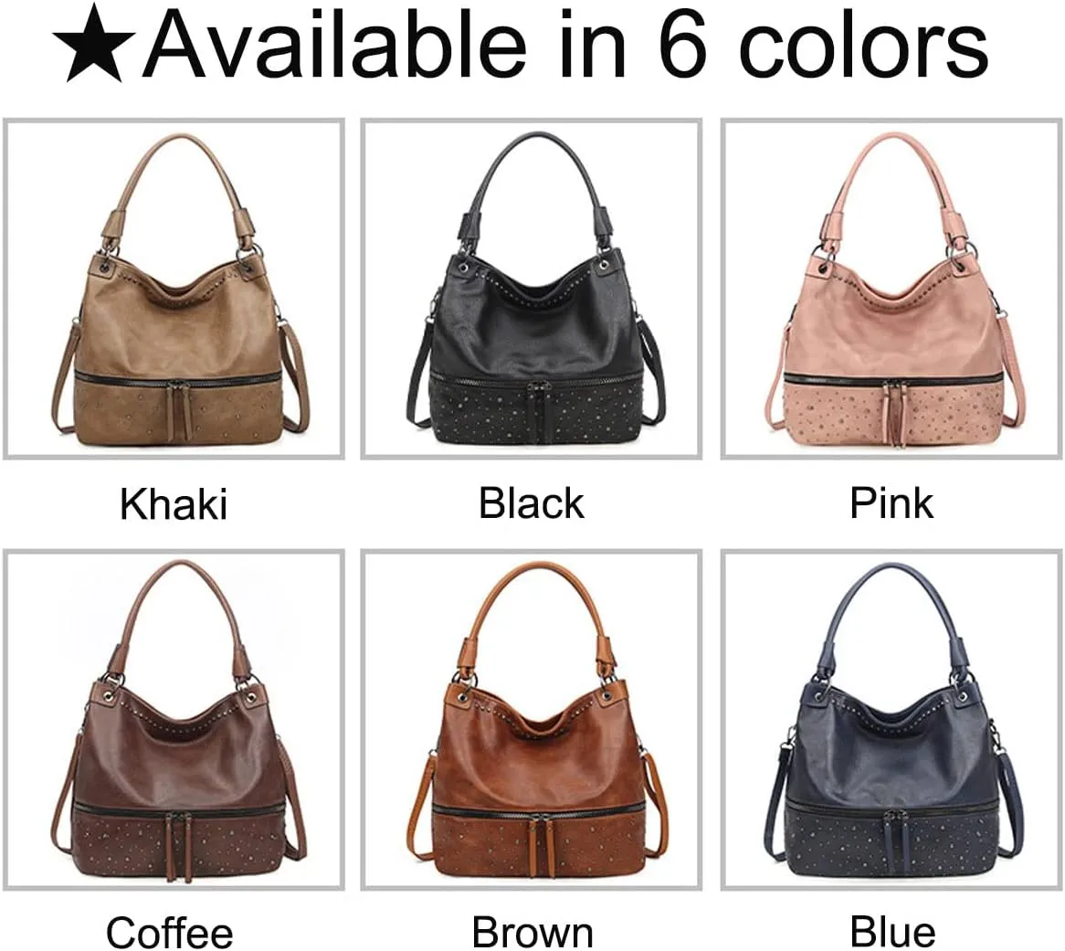 Women Tote Bag Rivets Handbags PU Leather Fashion Hobo Shoulder Bags with Adjustable Shoulder Strap