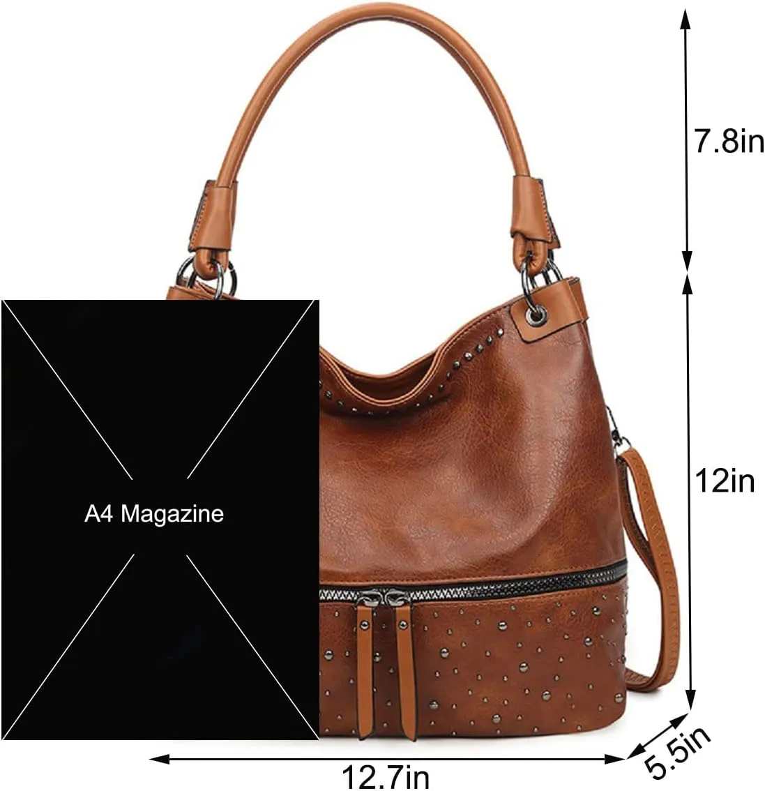 Women Tote Bag Rivets Handbags PU Leather Fashion Hobo Shoulder Bags with Adjustable Shoulder Strap