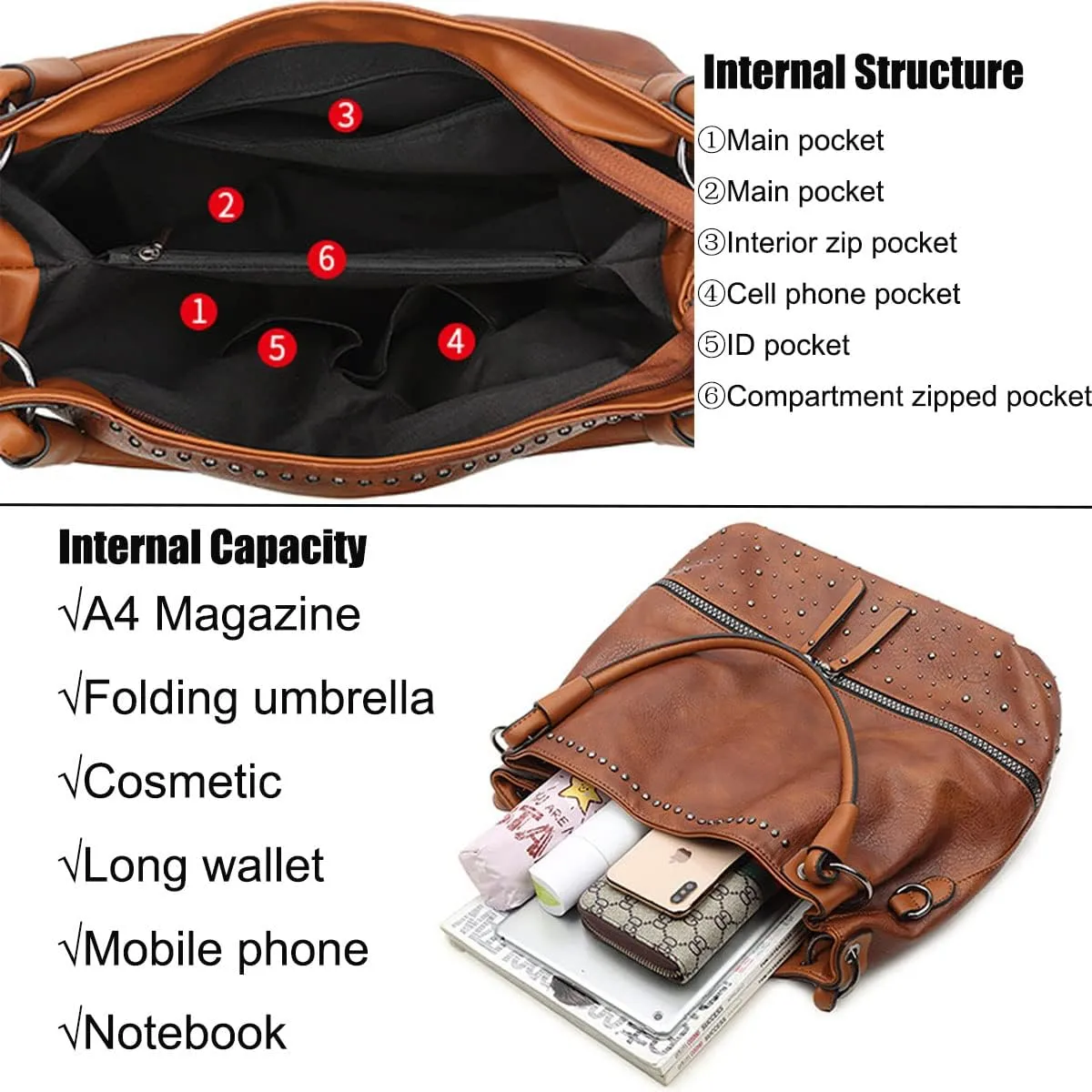 Women Tote Bag Rivets Handbags PU Leather Fashion Hobo Shoulder Bags with Adjustable Shoulder Strap