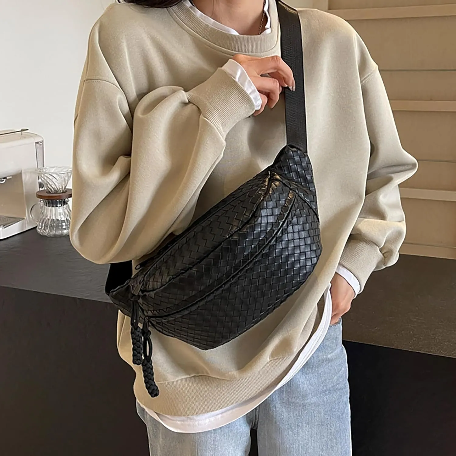 Women Woven Pattern Faux Leather Fanny Pack Waist Bag Chest Bag Cross Body Bag With Adjustable Strap