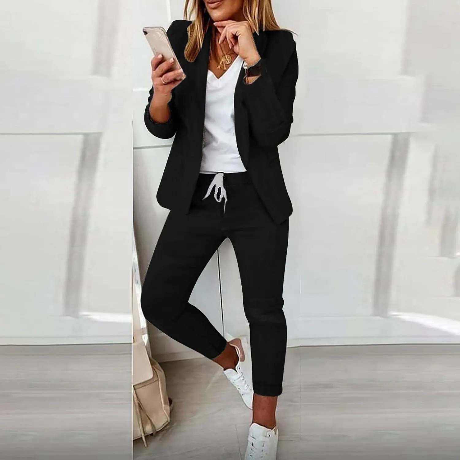 Womens Business Casual Sets 2 Piece Outfits Office Work Long Sleeve Blazer Jacket Drawstring Pants Trendy Suit Sets