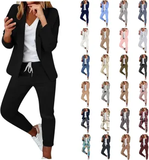 Womens Business Casual Sets 2 Piece Outfits Office Work Long Sleeve Blazer Jacket Drawstring Pants Trendy Suit Sets