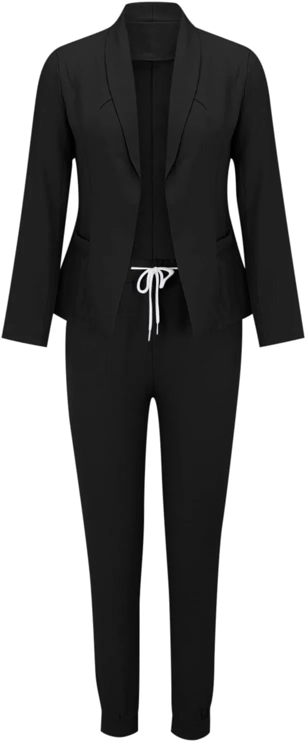 Womens Business Casual Sets 2 Piece Outfits Office Work Long Sleeve Blazer Jacket Drawstring Pants Trendy Suit Sets