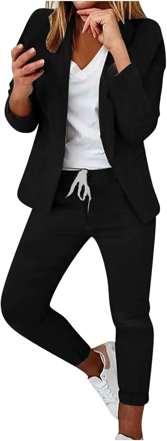 Womens Business Casual Sets 2 Piece Outfits Office Work Long Sleeve Blazer Jacket Drawstring Pants Trendy Suit Sets