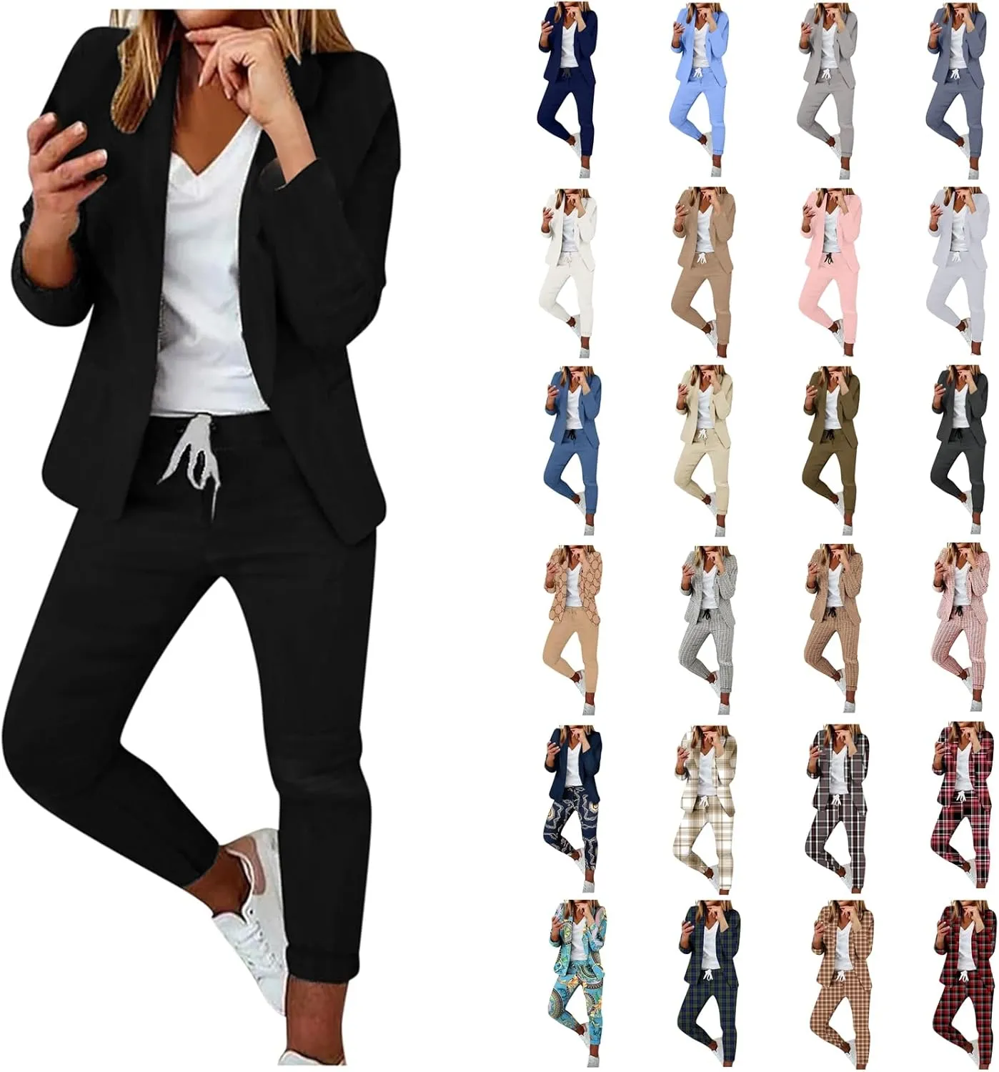 Womens Business Casual Sets 2 Piece Outfits Office Work Long Sleeve Blazer Jacket Drawstring Pants Trendy Suit Sets